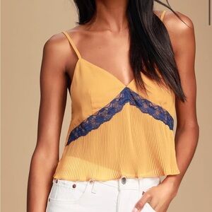 Lulu’s Laugh About It Orange Pleated Crop Top Navy Blue Lace Size Small